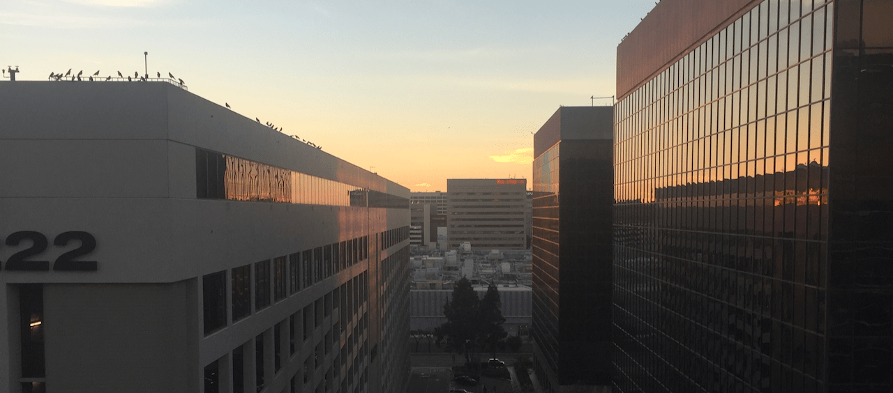 Sunset reflected on skyscrapers