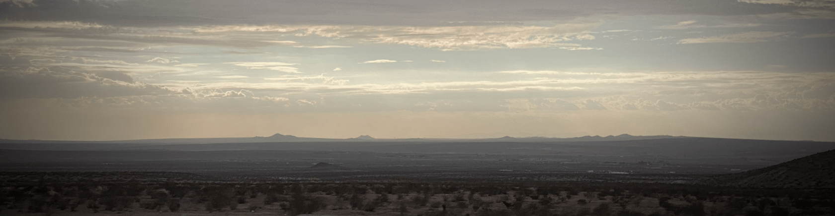 A wide shot of a desert vista, with scrub on the ground and golden light in the sky from the sunset