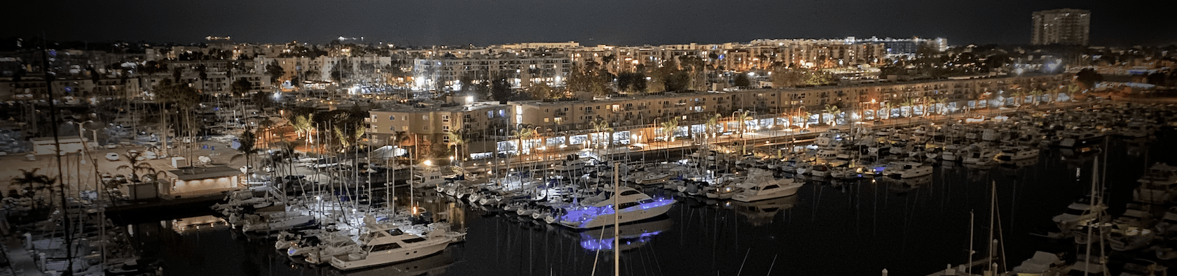 Boats in a marina at night, all lit up